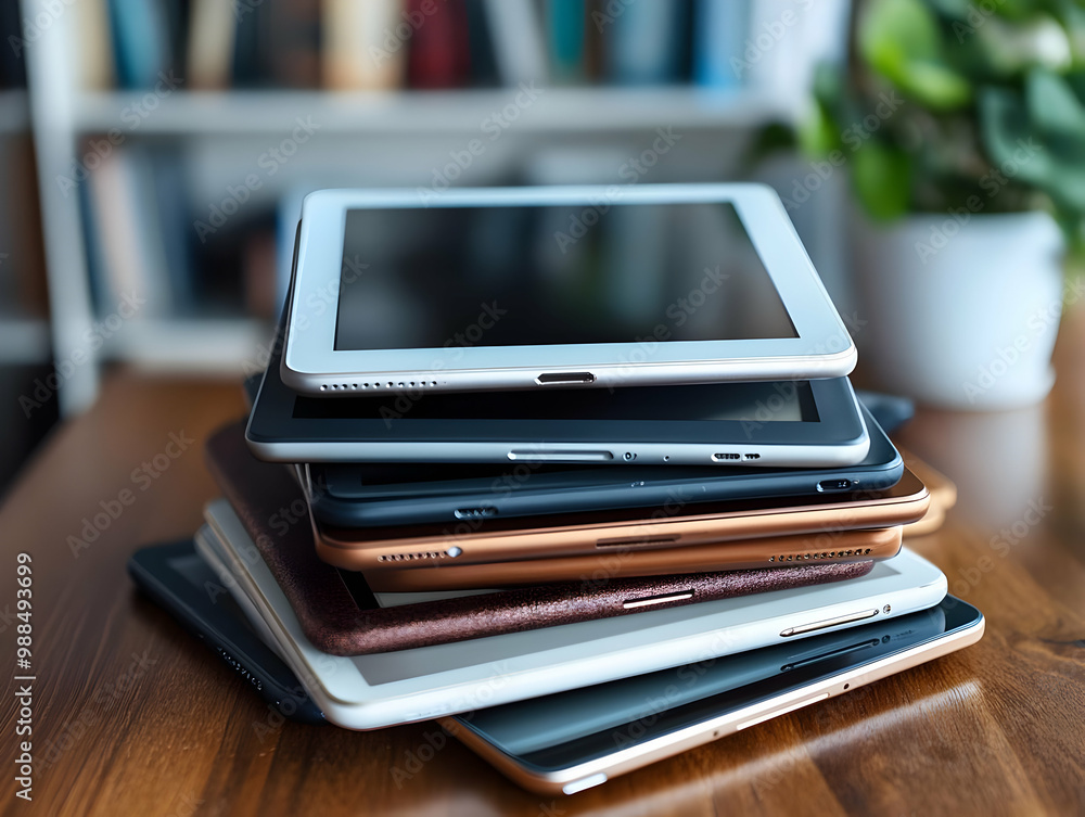 Poster stack of tablet devices on a wooden table with a blurred background.