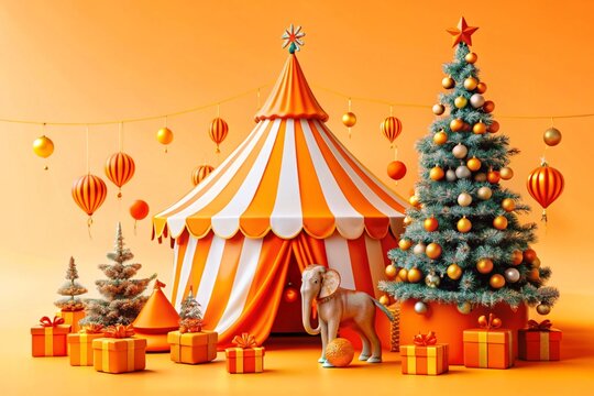 Festive circus-themed christmas scene with tent, elephant, and gifts