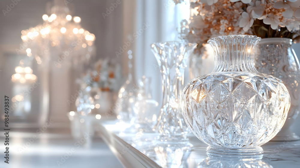 Poster elegant crystal vases on display with soft lighting, creating a serene and luxurious ambiance.