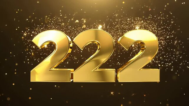The number "222" displayed in bold golden font with sparkling particles on a dark background.