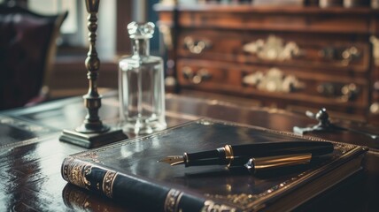 Elegant scenes of luxury fountain pens and leather journals on a polished wooden desk