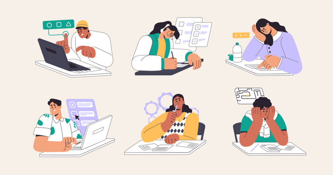 Students at online exams, tests set. People thinking, solve tasks at examination at laptop. Men and women learning, study. Concept education, checking knowledge. Flat isolated vector illustrations