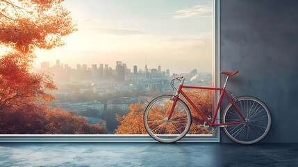 A vibrant red bicycle rests beside a large window showcasing a stunning cityscape at sunset.