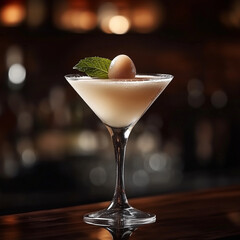 A lychee martini on a marble bar counter, clear glass with a lychee garnish, soft evening light, modern bar setting with blurred background, sophisticated and refreshing vibe