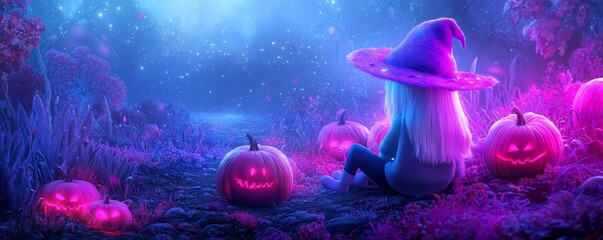 Cute anime witch surrounded by glowing pumpkins, full body, dark background, night scene, simple cartoon illustration, magical ambiance, Japanese style, high resolution