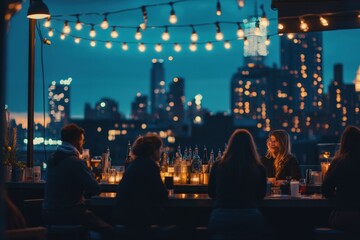 A bustling nightlife scene of friends at a rooftop bar, enjoying drinks under fairy lights, with city lights and a glowing skyline in the distance
