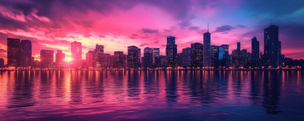 Obraz premium Cityscape with a Dramatic Pink Sunset Reflected in the Water
