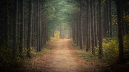 Obraz premium Tranquil Path Through Towering Pine Forest