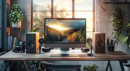 A modern office desk setup, modern chair, and organized shelving.