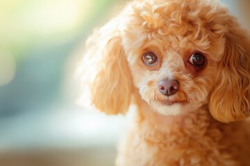 A close-up portrait photo of a cute poodle dog looking at the camera, isolated against a blurred background.