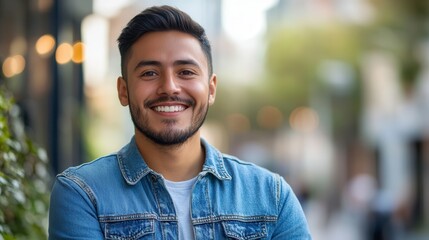 Fototapeta premium Young latino man smiling outdoors in urban setting