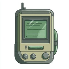 Fototapeta premium Retro Tech Gadget A nostalgic and charming illustration of a vintage handheld device with a green screen, buttons, and a rotary knob. The design evokes a sense of retro futurism and the early days of