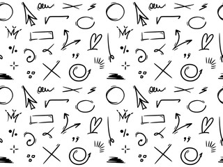 Hand drawn seamless pattern with underlines, speech bubbles, arrows, strokes. Sketch emphasis by pen, pencil or marker. Vector design background