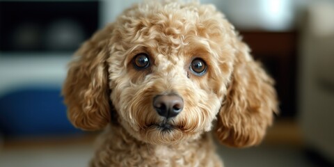 A close-up portrait photo of a cute poodle dog looking at the camera, isolated against a blurred background.