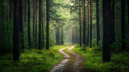 Naklejka premium Serene Pathway Through Tall Pine Trees in the Forest