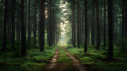 Fototapeta premium Serene Pathway Through Tall Pine Trees in Morning Light