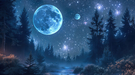 A moody forest landscape with a night sky featuring stars and a large blue moon along with planets. Incorporate a few galaxies into the sky.
