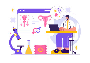 Venereologist Vector Illustration of Diagnosis for Dermatological Diseases, Sexually Transmitted Infections, and Bacterial Infections in a Background