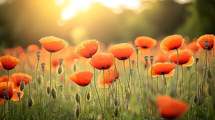 Obraz premium A field of vibrant red poppies bathed in warm sunlight, creating a picturesque scene of natural beauty.