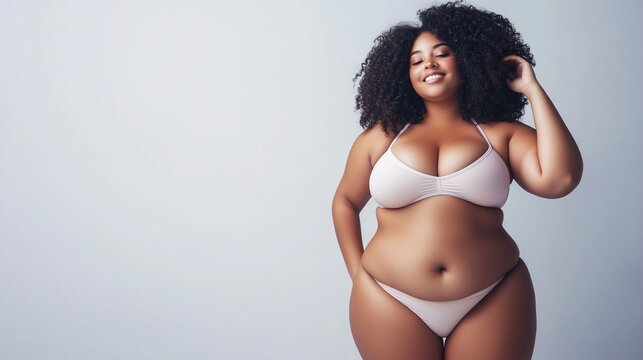 Plus-size model in underwear or swimsuit stands on white background, copy space