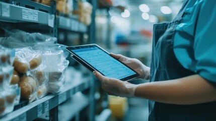 Food Safety Compliance: Worker Ensuring Standards with Tablet Checklist