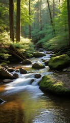Obraz premium forest warm creek sunlight forest sunrise sunset stream creek fog landscape brook cascade dreamy green light mist natural nature nobody outdoors river rock scenic spring summer sun sunlight tree