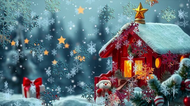 A small red house with golden star and light in a window,  snowman and New Year gifts in winter forest. Snowflakes are swirling. Vintage 3D cartoon video greeting card intro wallpaper.