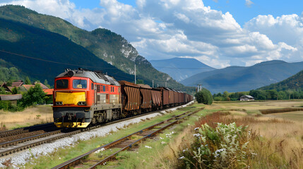 Obraz premium A freight train on a railway track transports containers and tanks with fuel. AI Generated