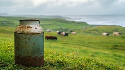 Obraz premium Old rusty milk can standing in a pasture with grazing cows