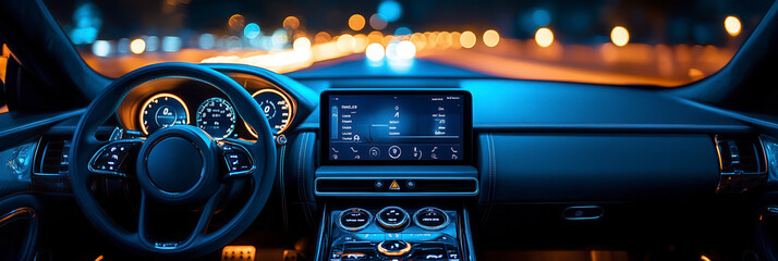 Modern car interior driving through city at night