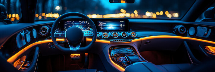 Modern luxury car interior with ambient lighting at night