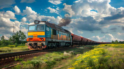 Obraz premium A freight train on a railway track transports containers and tanks with fuel. AI Generated