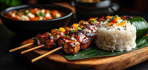 Thai-style grilled skewered meat with a shiny glaze, served on a wooden plate, sticky rice wrapped in banana leaf, vibrant colors, appetizing presentation, high detail, photorealistic, 8K