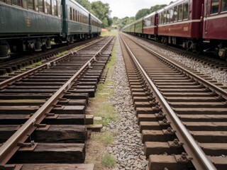 Fototapeta premium Railway Tracks Diverging with Green and Red Train Cars