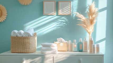 Baby changing station with hygiene products and towels in a modern nursery