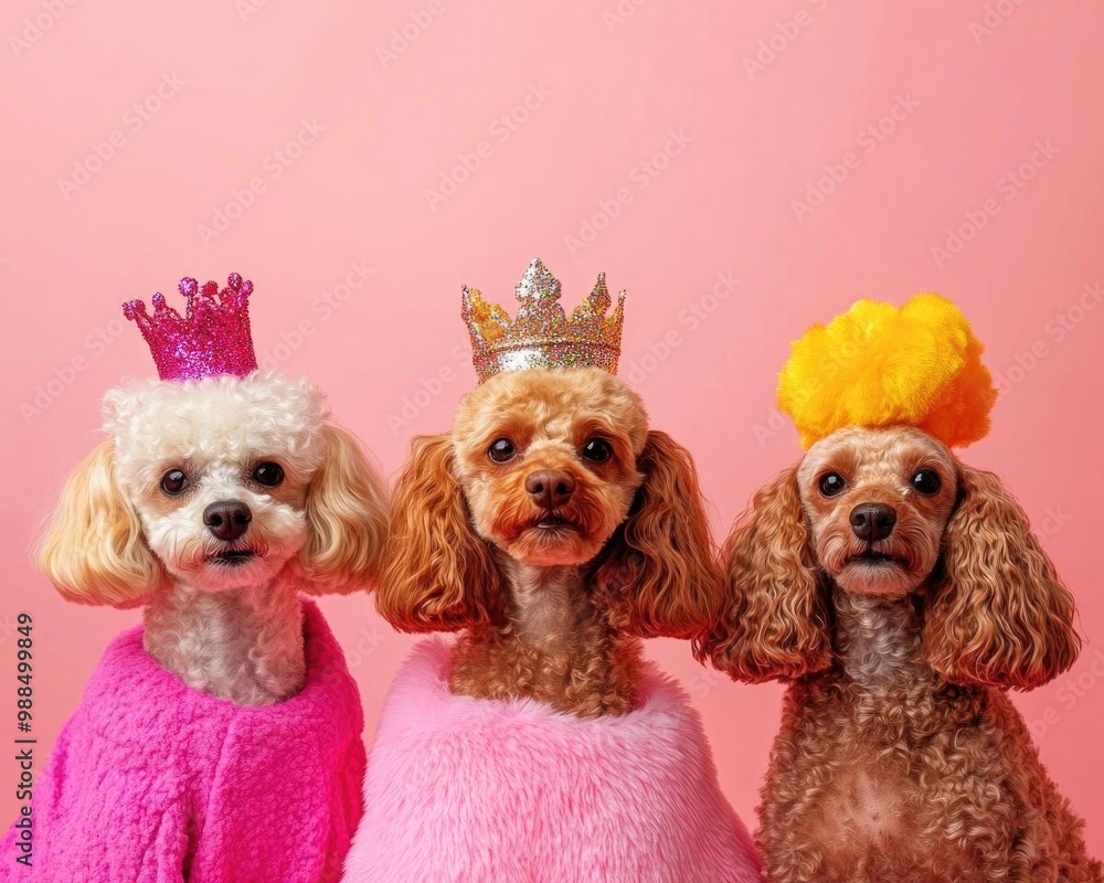 Wall mural three stylish poodles with crowns and colorful outfits against a pink background, showcasing their p