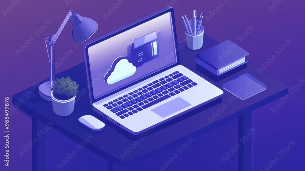 Poster minimalist workspace with laptop and cloud computing icon