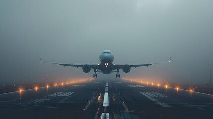 A plane landing on a foggy morning, the runway barely visible as the aircraft touches down.