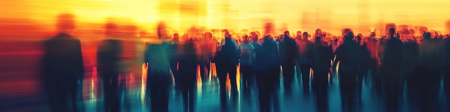 Blurred crowd movement in vibrant tones.