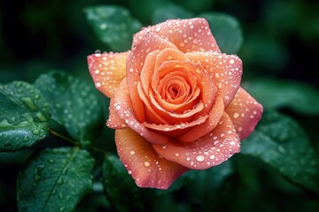 A close-up of a single pink rose in full bloom, with dewdrops delicately resting on its velvety petals, surrounded by soft green leaves