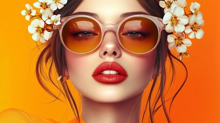 Fototapeta premium A Vibrant Portrait with Floral Headpiece on an Orange Background