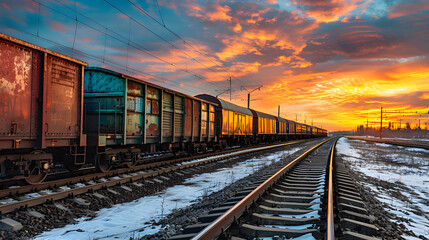 Fototapeta premium A freight train on a railway track transports containers and tanks with fuel. AI Generated