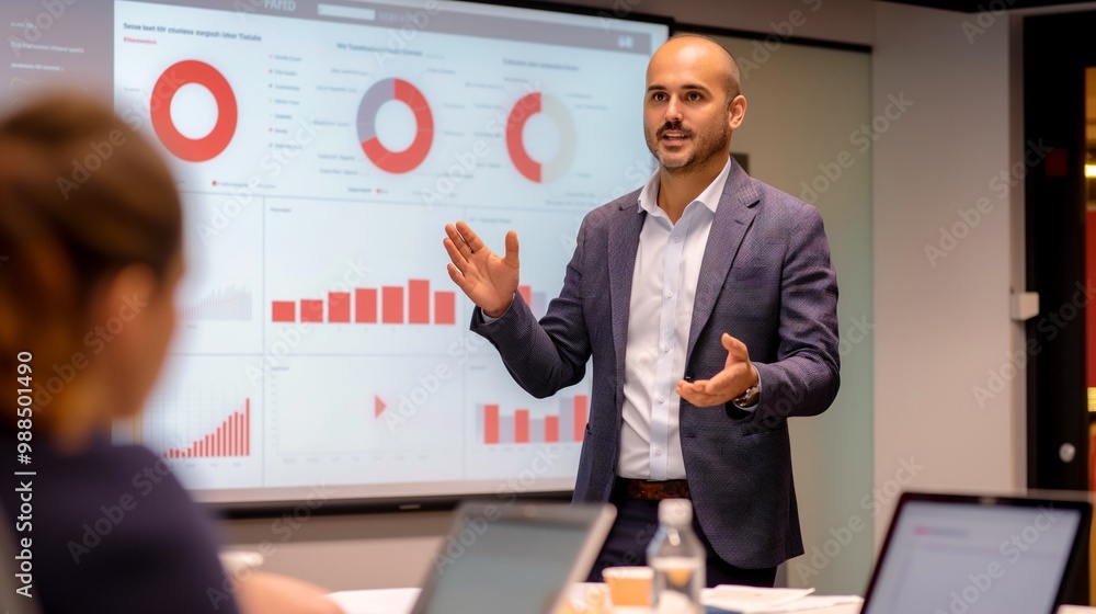 Poster confident business presentation.a charismatic businessman confidently delivers a presentation in a m