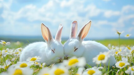 Fototapeta premium 青い空の下でお昼寝する2匹のウサギ