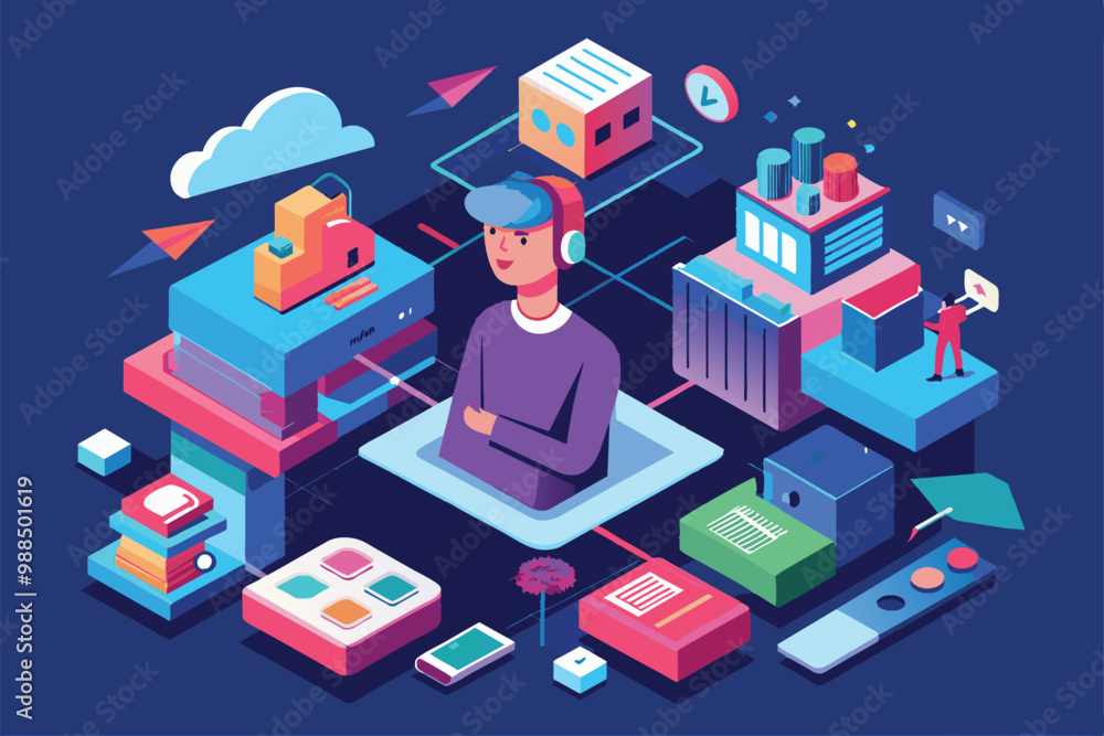 Poster a person engages in thought processing within a vibrant, digital workspace filled with various isome