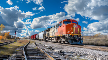 Fototapeta premium A freight train on a railway track transports containers and tanks with fuel. AI Generated