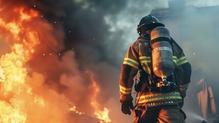 A brave firefighter in full gear battling a blazing fire