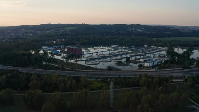 Drone shot over flooded water treatment plant in Ostrava