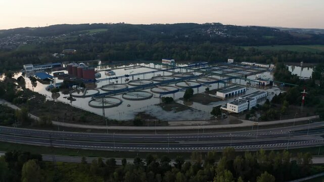 Drone shot over flooded water treatment plant in Ostrava