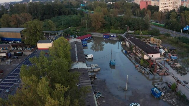 Drone shot over flooded facility in Ostrava